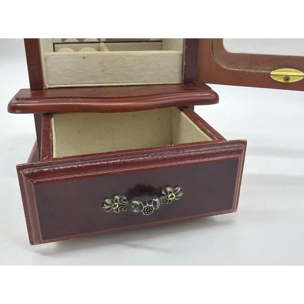 Powell Vintage Wood Upright Jewelry Box Armoire Glass Floral Door Rotating Brown